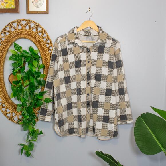 Classic Elements Woman Plaid Flannel Button Shirt Neutral Check 1X Soft Autumn - Picture 2 of 9